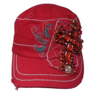 Rhinestone Cross Strapback Cadet Army Cap Red OS Adjustable Something Special